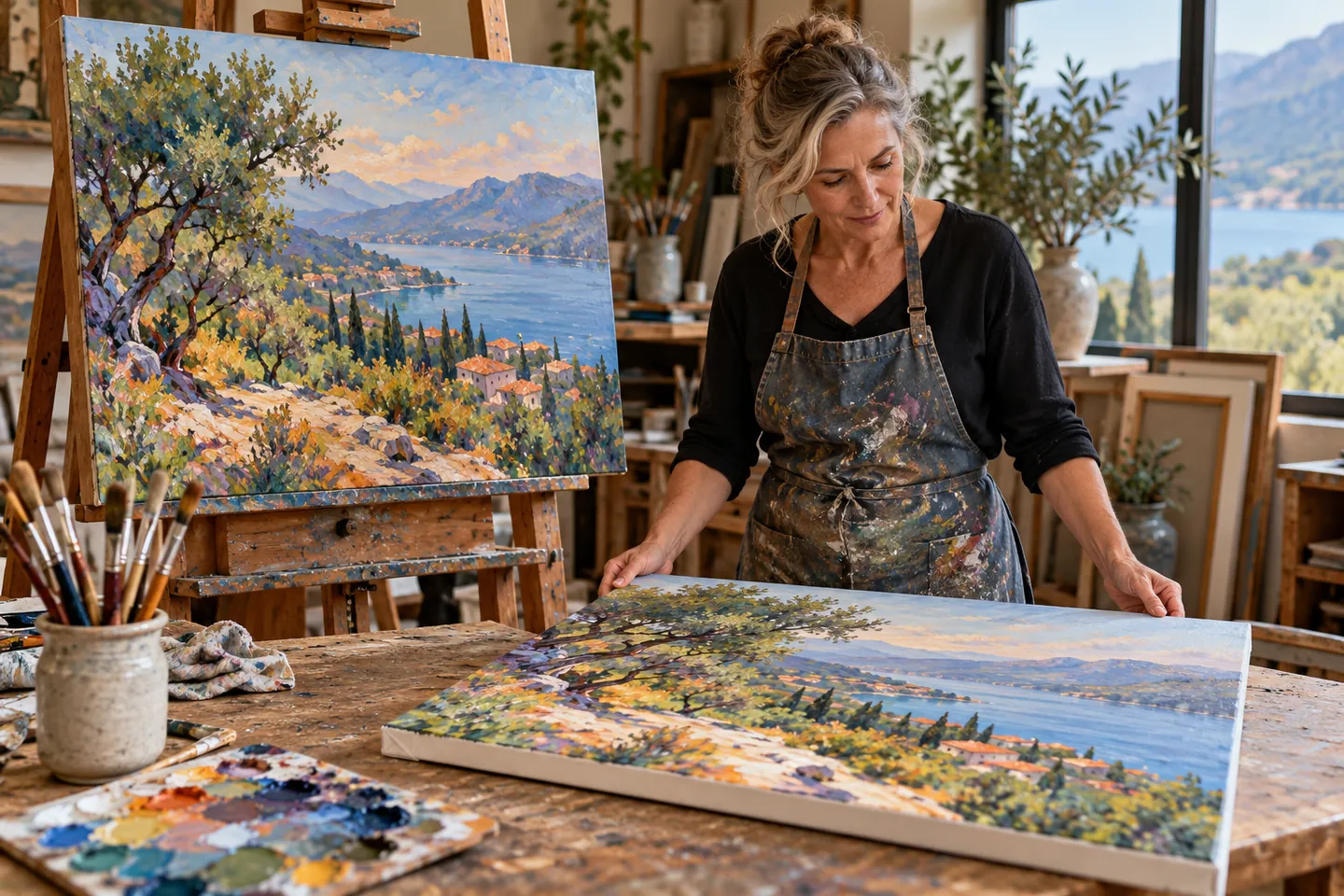 A painter comparing her original coastal landscape with a gallery-wrapped canvas reproduction