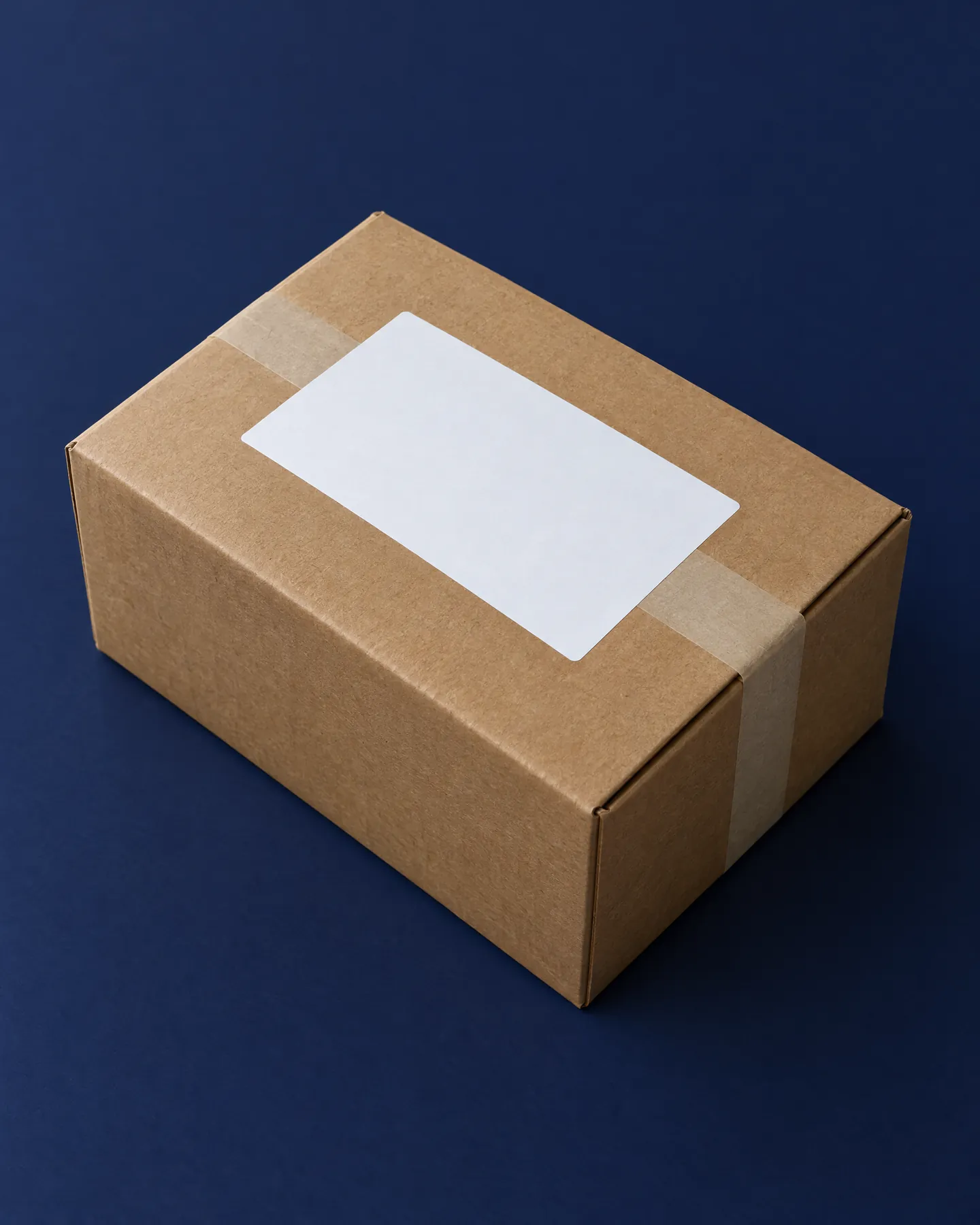 Unbranded kraft shipping box with a blank white label on a navy surface