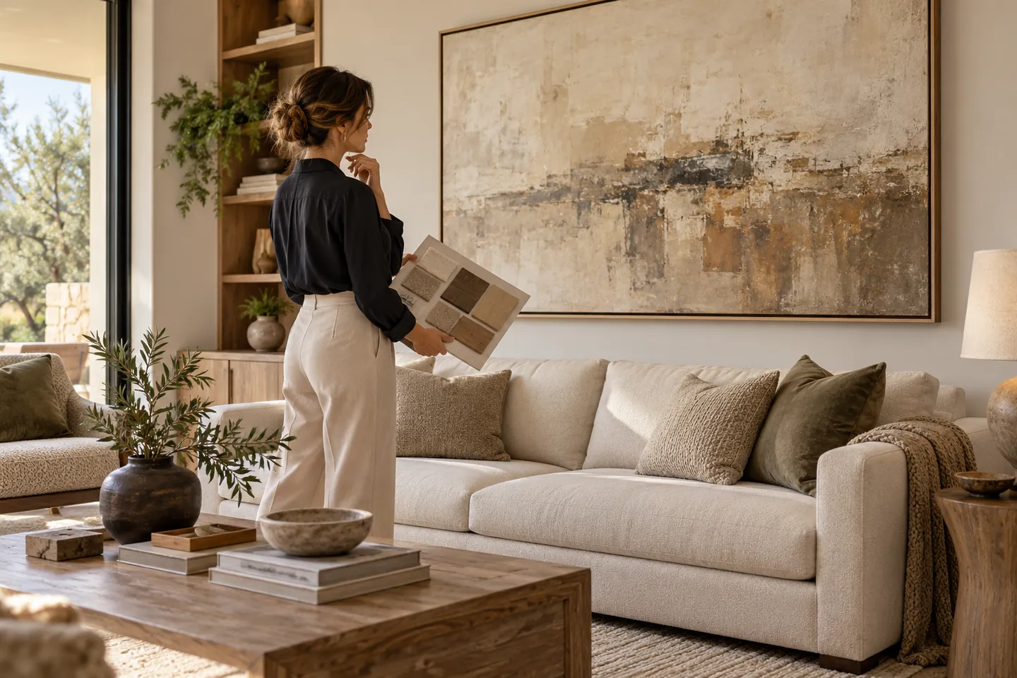 An interior designer holding finish samples under a large earth-tone canvas print in a living room