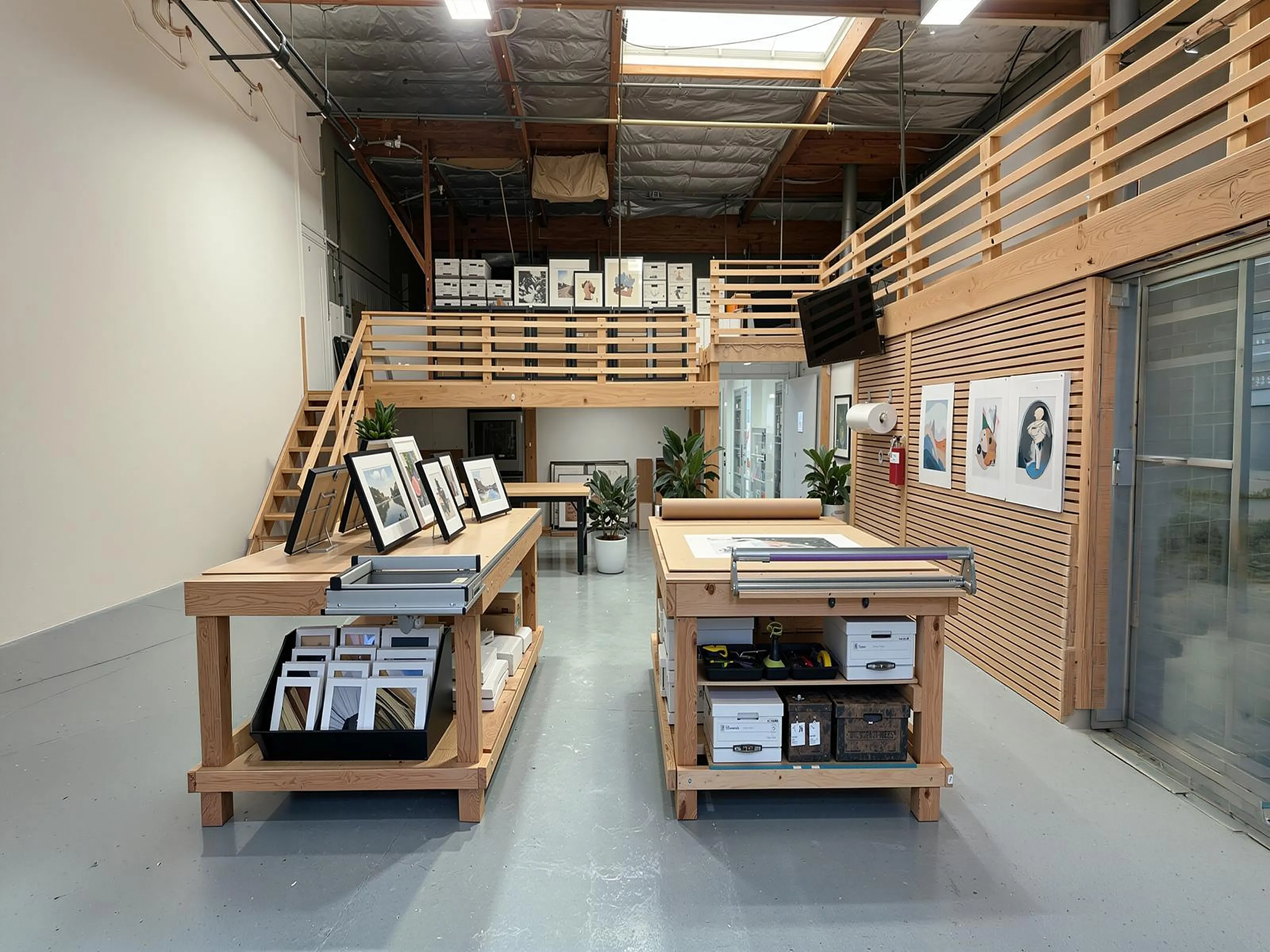 Canvas framing studio with two wide work tables, framed prints, mat boards and a loft above