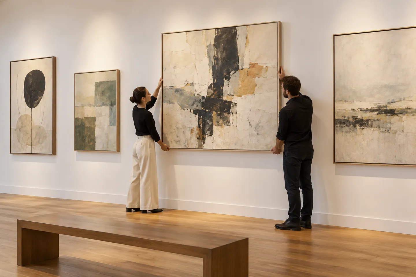 Two curators hanging large abstract canvas prints on a white gallery wall