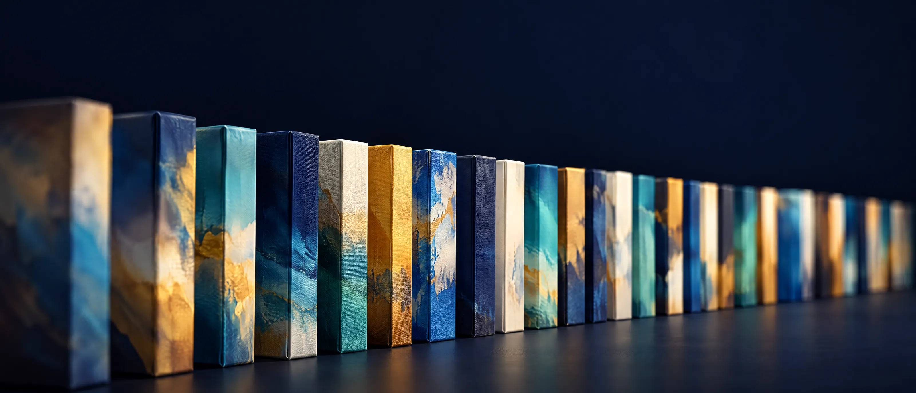 A row of gallery-wrapped canvas prints on edge, their mirrored edges forming a band of color