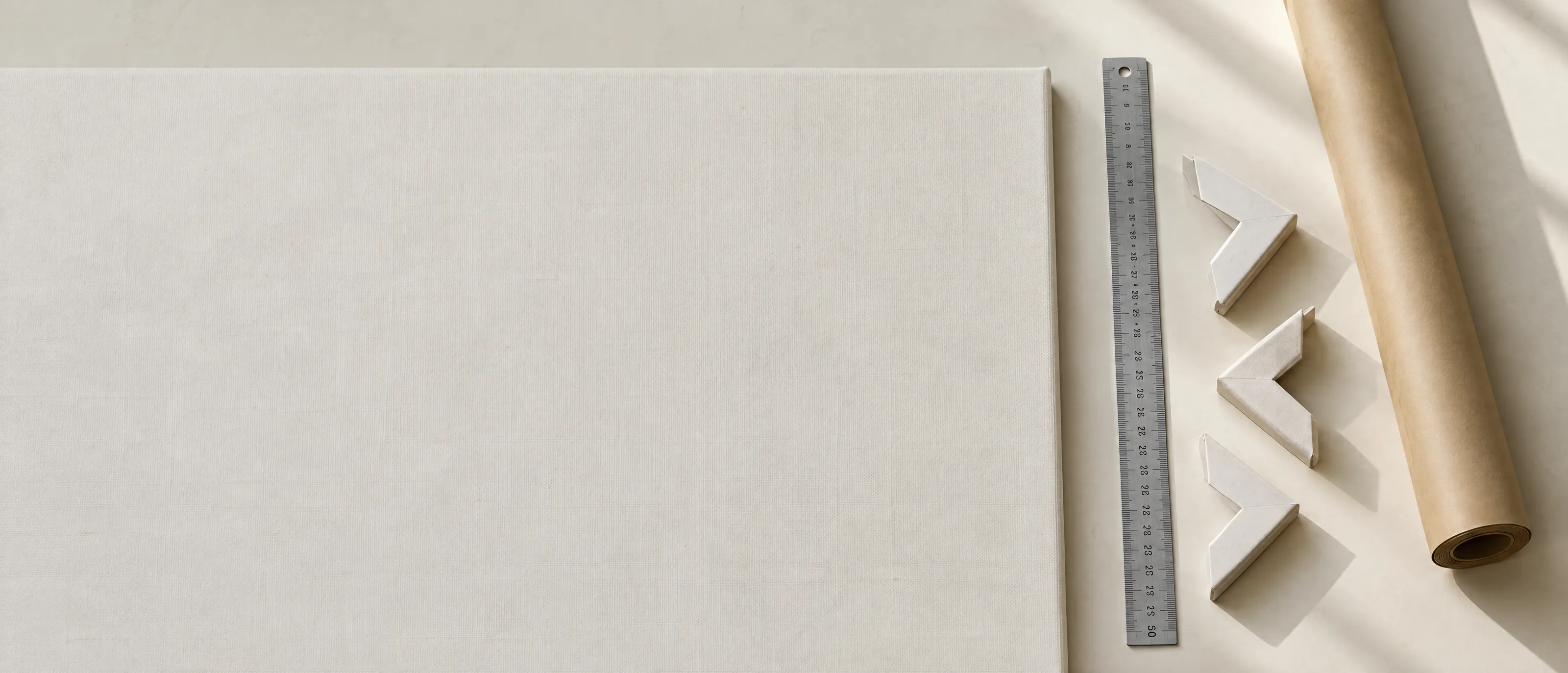 Overhead view of a work surface with primed canvas, a steel ruler, corner protectors and kraft paper