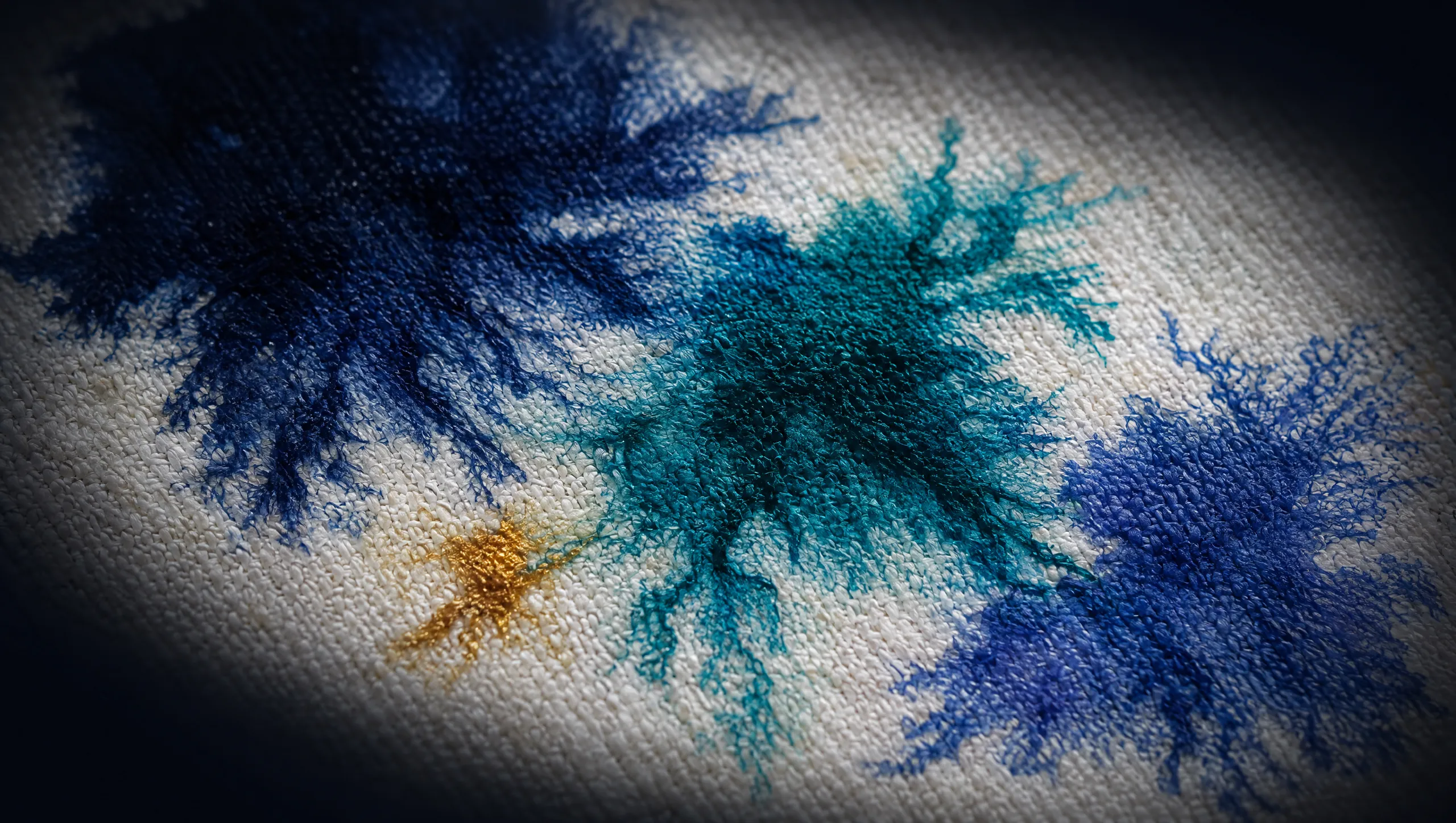 Navy, teal and blue pigment blooming into woven canvas fibers