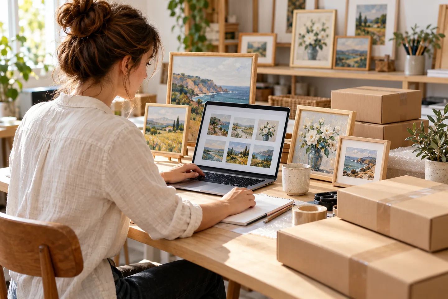 An online art seller packing canvas print orders at a desk with a laptop and framed work behind her
