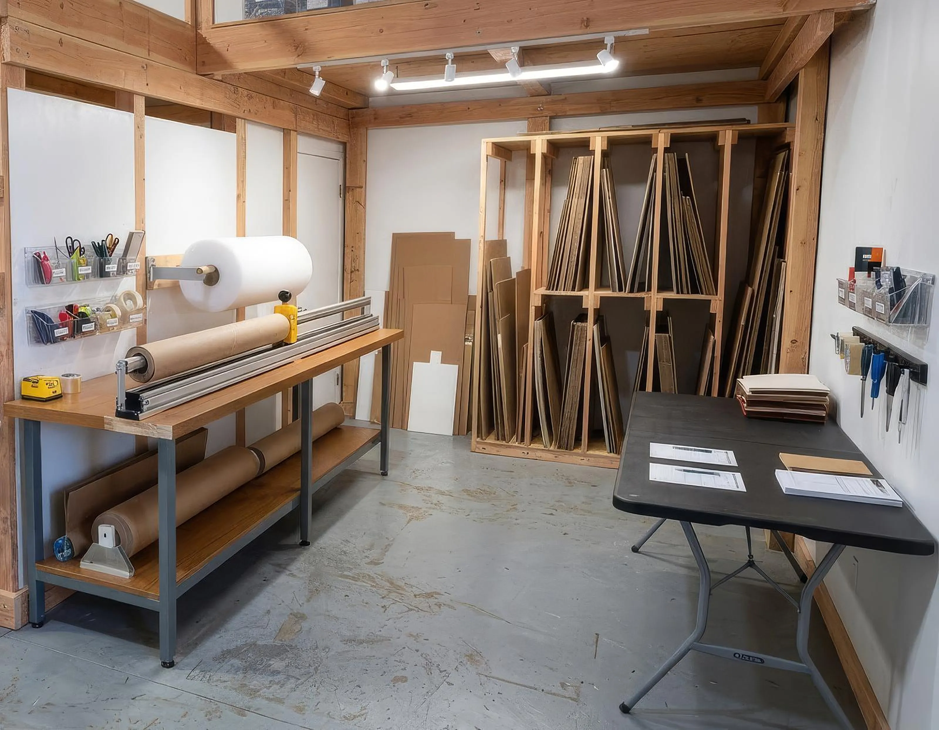 Packing room for canvas orders with bubble wrap, kraft paper, a board rack and order paperwork