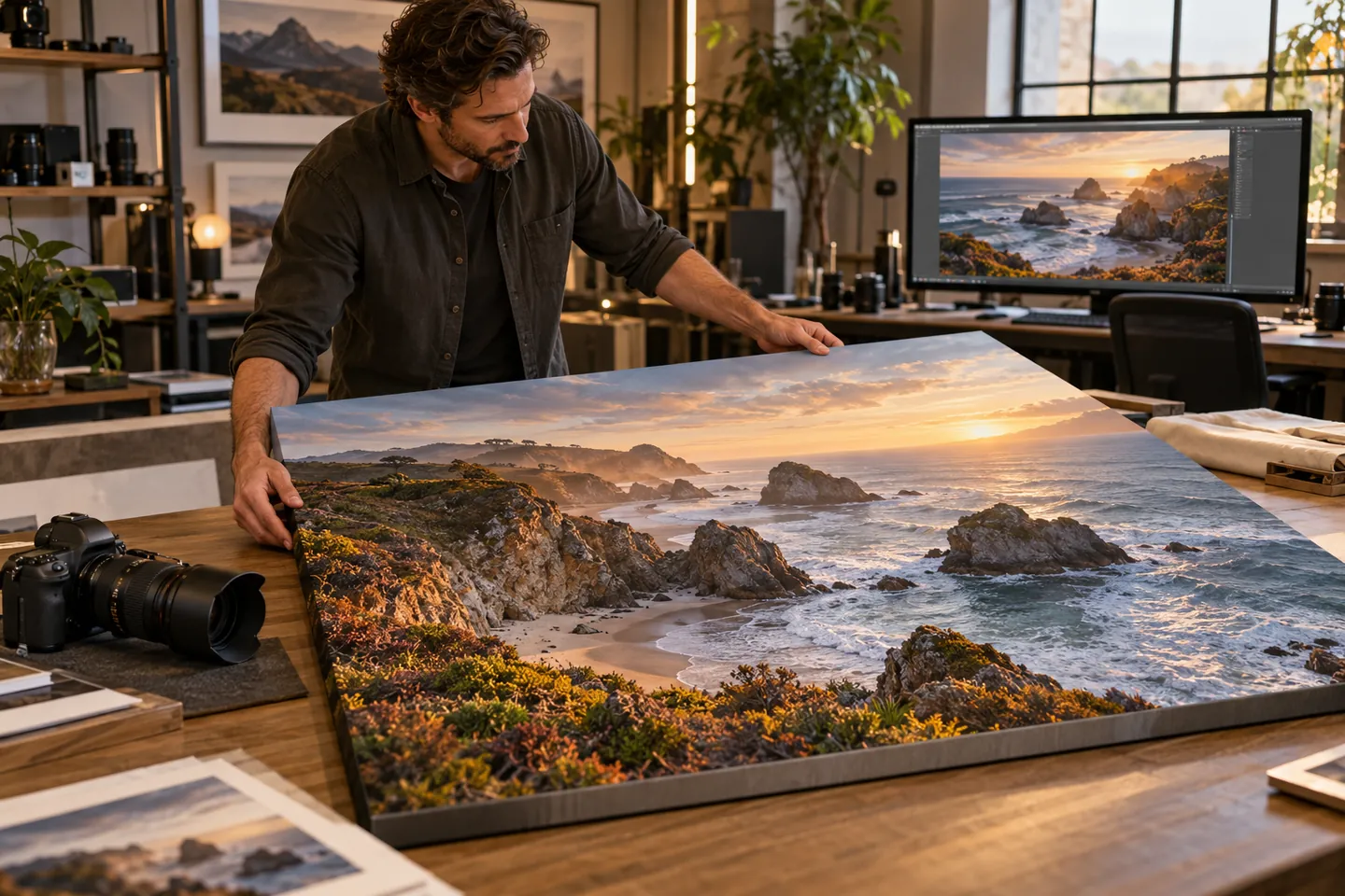 A fine art photographer inspecting a large coastal canvas print at his editing desk
