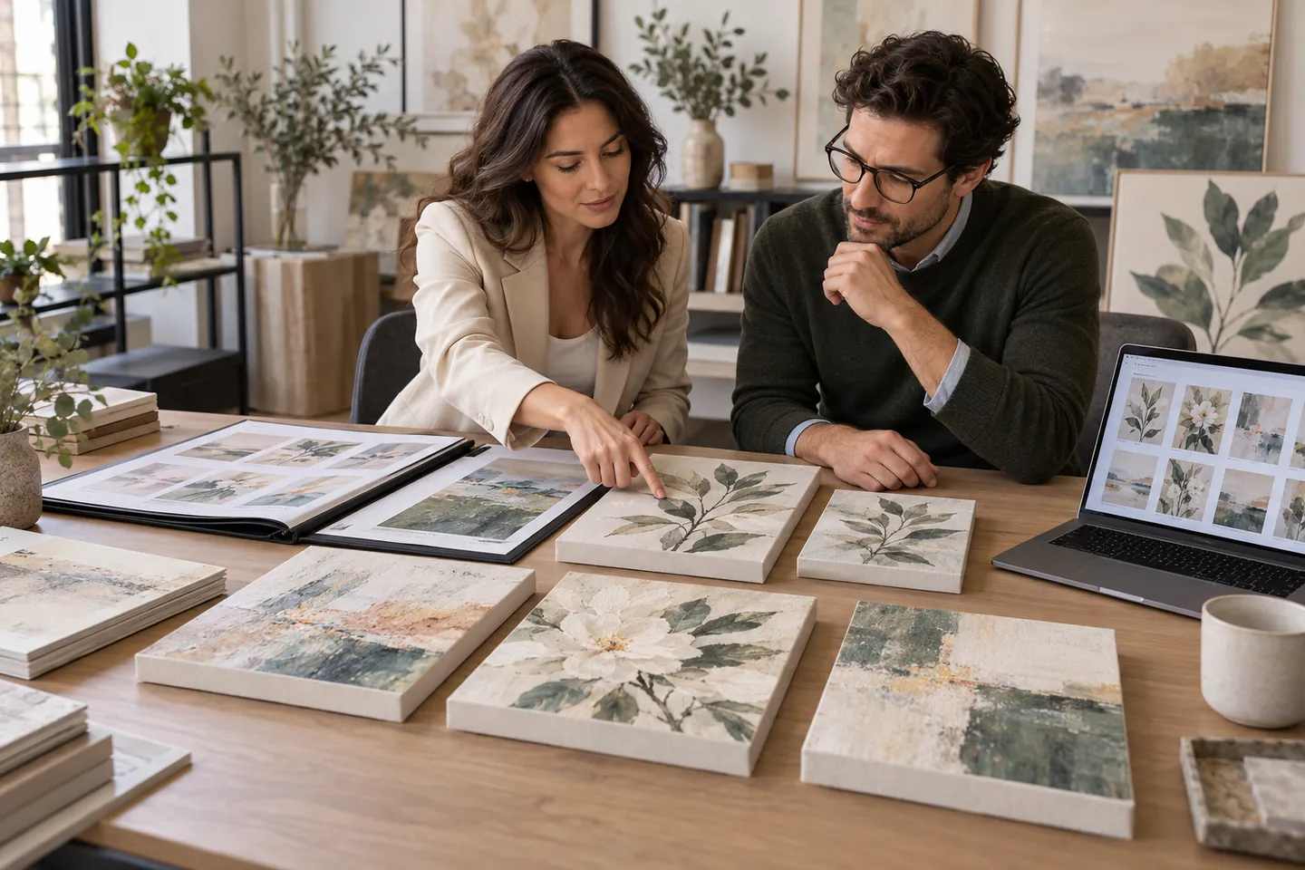 Two art publishers reviewing a spread of botanical canvas reproductions at a studio table