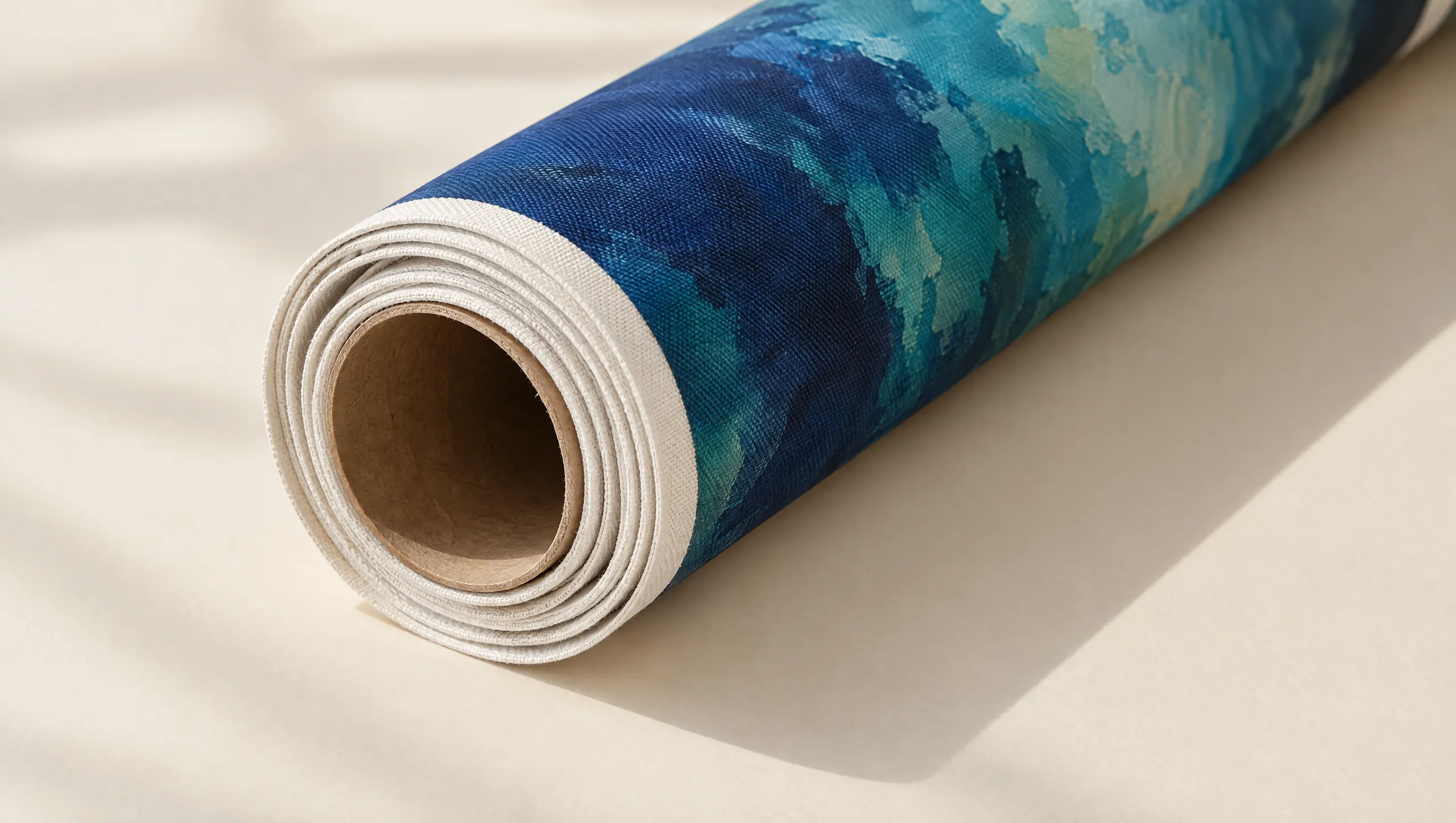 Rolled canvas print wrapped around a kraft shipping tube, seen from the end