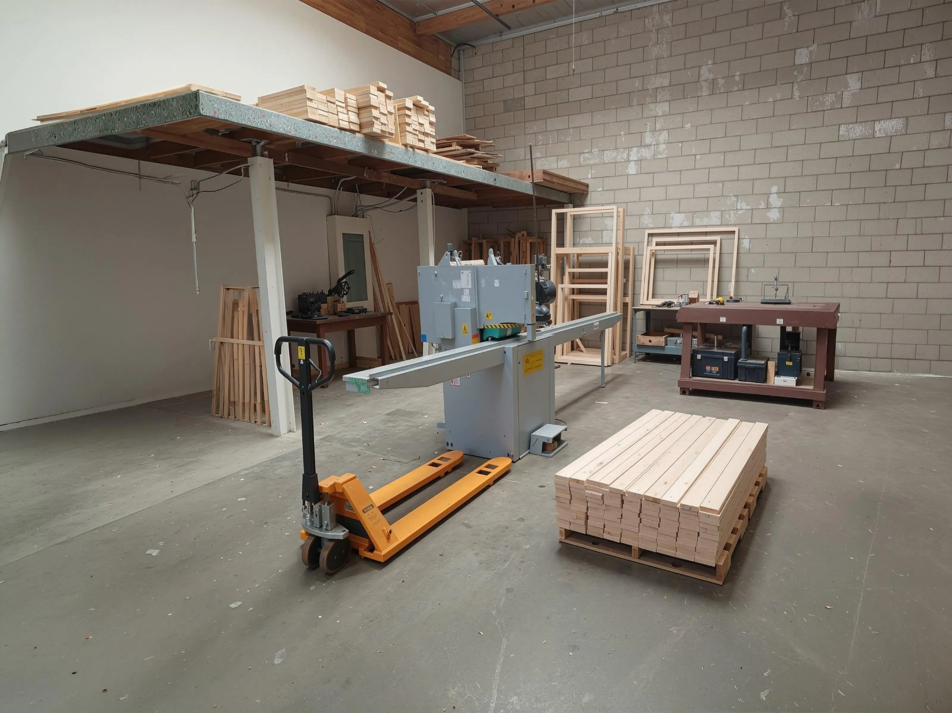 Stretcher bar saw and a stack of pine stretcher stock in the canvas stretching workshop