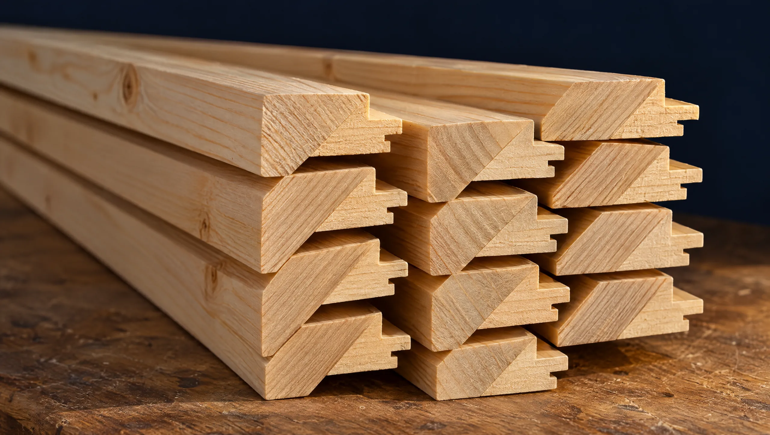 Stack of pine stretcher bars seen end-on, profiles repeating